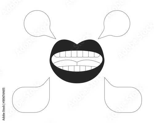Mouth speaking with empty speech bubbles 2D line object. Verbal communication, conversation. Talking lips with dialogue boxes isolated clipart vector ink outline item. Monochrome spot illustration