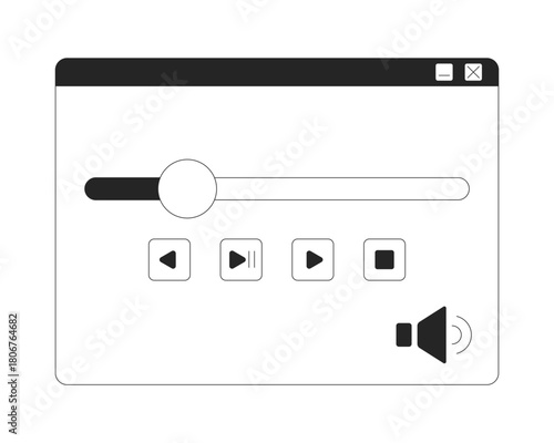 Media player interface with controls 2D line object. Progress slider and modern UI layout. Sound settings. Playback window isolated clipart vector ink outline item. Monochrome spot illustration