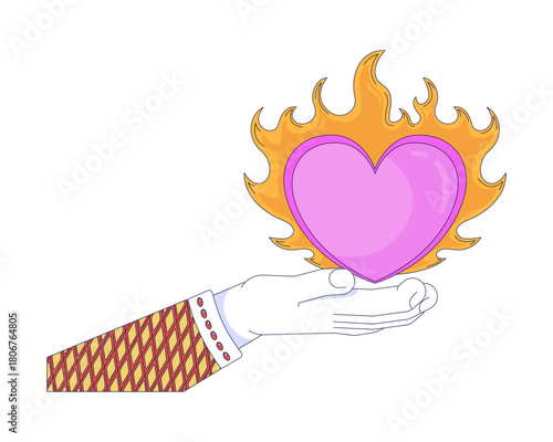 Stylized hand holding flaming heart vector illustration. Giving burning love. Y2K romance on fire. Passionate romantic gesture 2D cartoon image isolated on white. Editable flat clipart colorful
