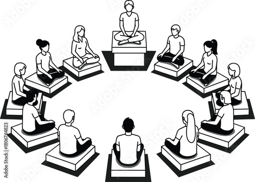 Group of people sitting in a circle meditating in lotus pose, black and white isometric line art vector illustration.