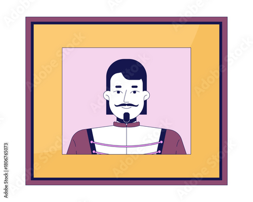 Historical man with moustache and goatee in framed portrait 2D cartoon character. 18th Victorian military man with noble appearance flat vector person isolated on white. Spot illustration colorful
