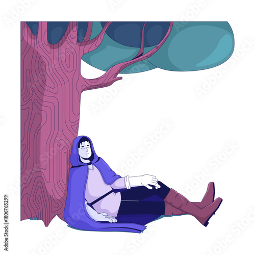 Fantasy cloak man resting peacefully beneath tree 2D cartoon character. Forest nap. Medieval costume fictional hero with eyes closed flat vector person isolated on white. Spot illustration colorful