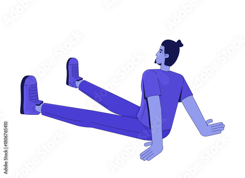 Casual man sitting on ground with relaxed pose 2D cartoon character. Caucasian guy leaning back on arms with legs stretched out flat vector person isolated on white. Spot illustration colorful