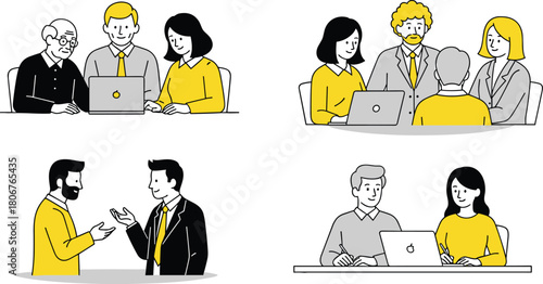 Set of business people scenes featuring team meetings, intergenerational collaboration and office discussions, minimal flat vector illustration.