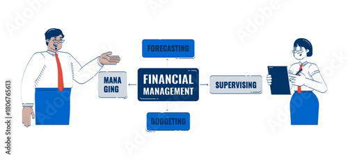 Financial management doodle illustration concept. Budget planning. Business supervision. Forecasting finance responsibilities. Managers cartoon 2D characters isolated. Hand drawn vector metaphor