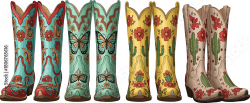 Set of colorful embroidered cowgirl boots featuring floral, cactus and butterfly patterns, western fashion flat vector illustration collection.