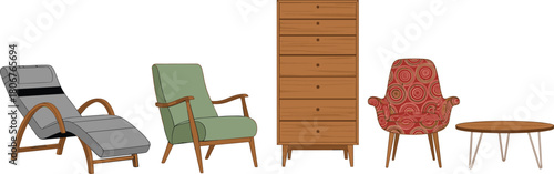 Set of colorful mid-century modern furniture items including lounge chair, armchairs, dresser and table, flat vector illustration isolated on white.