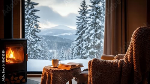 A serene and inviting winter scene unfolds, showcasing a cozy interior sanctuary with a large panoramic window offering breathtaking views of a snow-covered mountain landscape and frosted pine trees. 