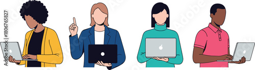 Set of diverse business people holding laptops, working and pointing finger, colorful flat vector illustration isolated on white.