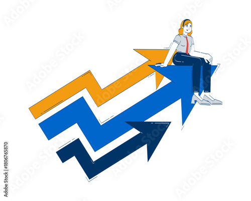 Riding arrows of financial growth doodle illustration concept. Personal empowerment. Optimistic progress. Upward momentum employee cartoon 2D character isolated on white. Hand drawn vector metaphor