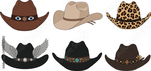 Set of creative cowboy hats featuring leopard print, wings, floral embroidery and eye details, western fashion vector illustration.