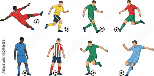 Set of diverse soccer players in action poses kicking and dribbling football, colorful team jerseys, flat vector illustration.