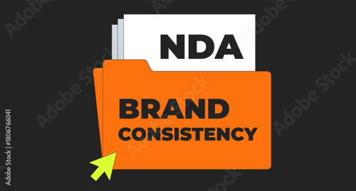 Brand consistency folder with NDA 2D illustration concept. Branding strategy. Confidential business files. Content management cartoon conceptual abstract vector art. Flat metaphor on black background