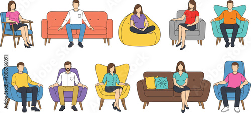 Set of diverse people sitting on various sofas and armchairs, men and women relaxing, flat vector illustration collection.