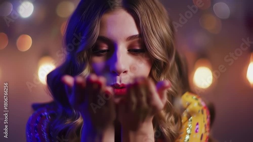 Close-up of woman blowing confetti