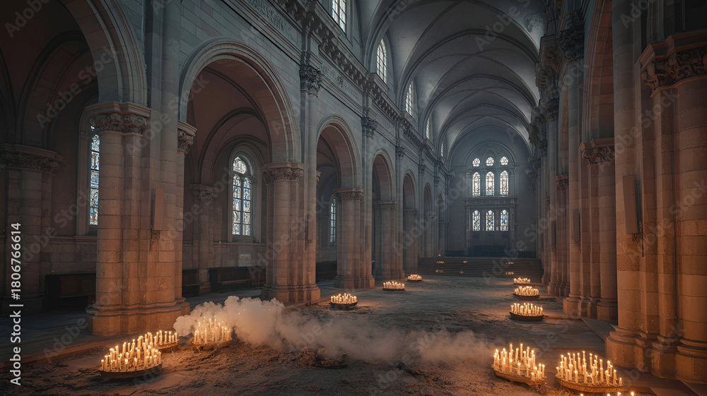 Obraz premium Grand church interior with lit candles and subtle rising smoke