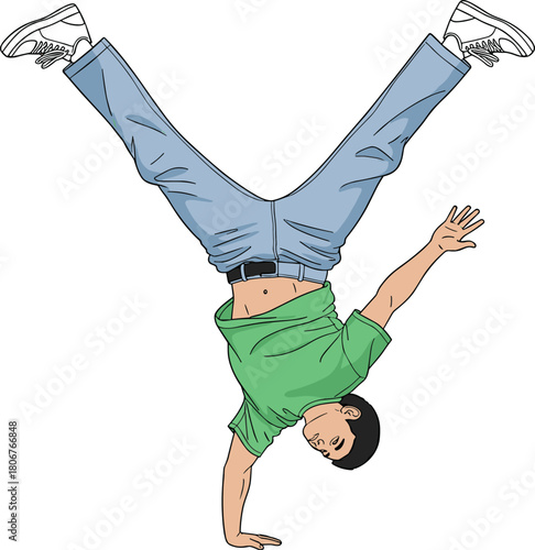Young man breakdancing performing a one-handed handstand freeze, energetic streetwear style, flat vector illustration isolated on white.