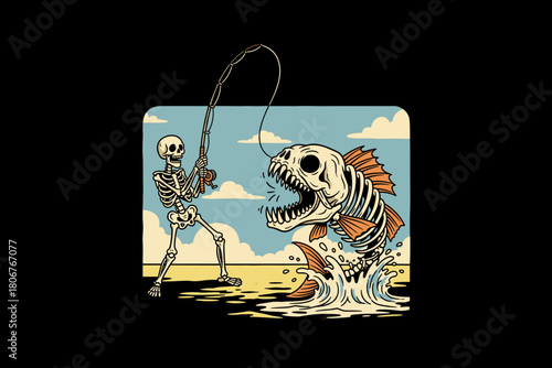 Skeleton fisherman catches a monstrous skeletal fish in a surrea