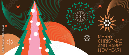 Christmas decoration, horizontal christmas banner with snowflakes, christmas stars, tree and decorative geometric elements