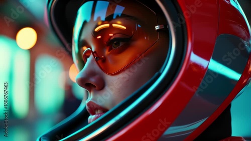 Woman in a red and black space suit with glowing eyes
