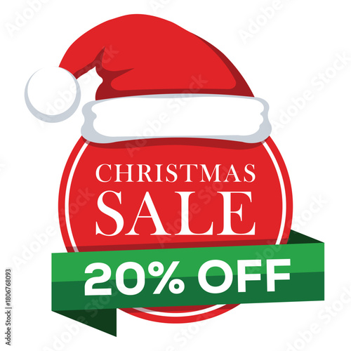 A festive Christmas sale graphic featuring a red Santa hat on a red circle that reads "CHRISTMAS SALE." A green ribbon banner below advertises a 20% OFF discount, ideal for retail and holiday promotio