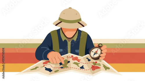 Explorer planning his route using a map and compass in a vintage style, preparing for an adventure with a sense of anticipation and excitement.