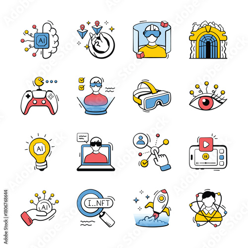 Well designed artificial intelligence hand drawn icons in trendy design style