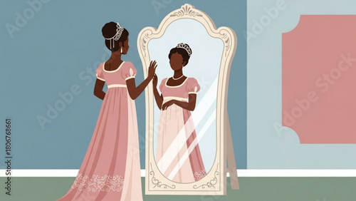 Elegant woman admiring herself in a vintage mirror while wearing a pink gown in a softly lit room, evoking a sense of nostalgia and selfappreciation.