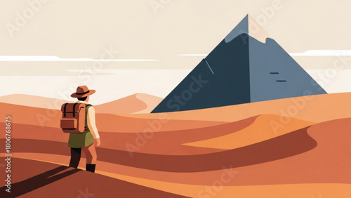 Adventurous traveler walking through vast desert towards mysterious pyramid mountain under clear sky, evoking sense of exploration and wonder.