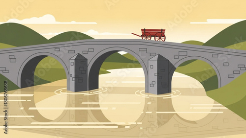Red cart crossing stone bridge over calm river in peaceful countryside landscape with rolling hills and soft sunlight, evoking a sense of tranquility and simpler times.