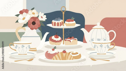 Delicious pastries and tea arranged on tiered stand for afternoon tea party, creating cozy and inviting atmosphere with elegant floral centerpiece.