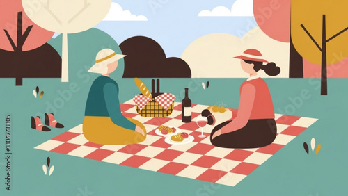 Two women enjoying a picnic on a checkered blanket in a park with autumn trees and a basket of food, creating a peaceful and relaxing scene.