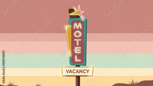 Retro motel sign glowing brightly against a desert landscape at sunset, evoking a sense of nostalgia and vintage travel charm.