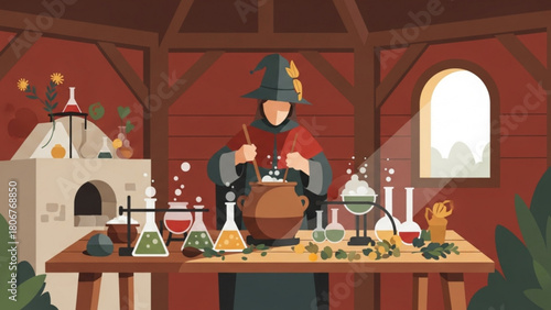 Wizard stirring bubbling potion in rustic laboratory filled with beakers and ingredients, creating magical brew with an air of mystery and anticipation.