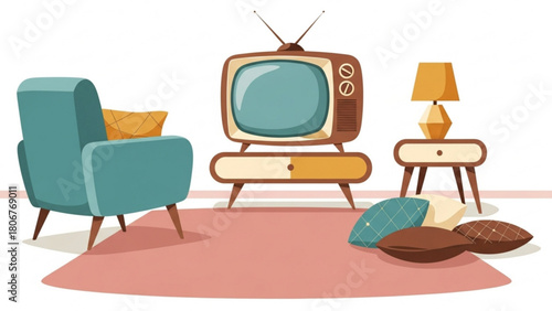 Retro living room featuring a vintage television and armchair creates a nostalgic and cozy atmosphere with warm colors and simple furniture, evoking a sense of comfort.