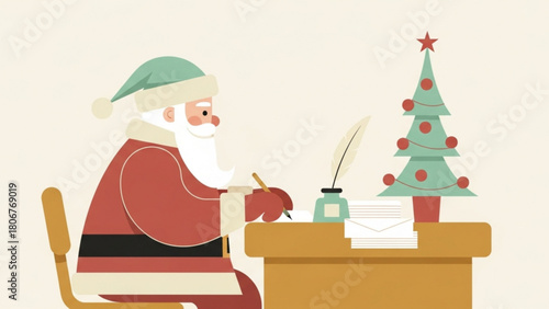 Santa claus writing letters at his desk near a christmas tree with ornaments in his workshop, preparing for the holiday season.