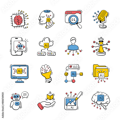 A set of artificial intelligence doodle style hand drawn icons, trendy vectors pack