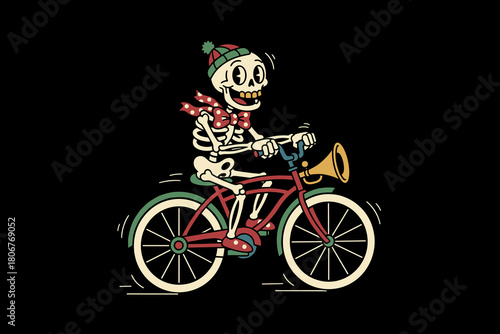 Skeleton Riding Bicycle Wearing Winter Hat and Scarf.