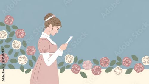 Elegant woman in regency dress reading a letter surrounded by roses, evoking a sense of nostalgia and romanticism in a vintage style.