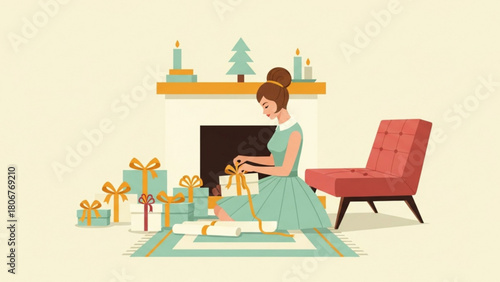 Woman wrapping christmas presents near fireplace in cozy living room with retro furniture, creating a warm and festive holiday atmosphere.