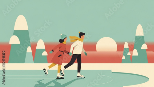 Couple skating on outdoor ice rink surrounded by stylized mountains and a setting sun, enjoying a romantic winter activity in a serene landscape.