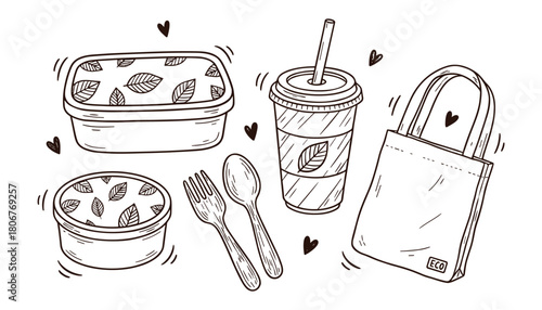 Eco Friendly Takeaway Set Doodle Style Vector Illustration, Lunch Boxes, Coffee Cup & Cutlery Illustration, Sketch doodle style ink illustration