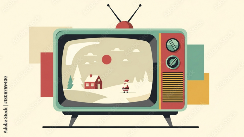 Naklejka premium Vintage television displays snowy landscape scene with house and person during winter season, evoking nostalgic and cozy holiday mood.