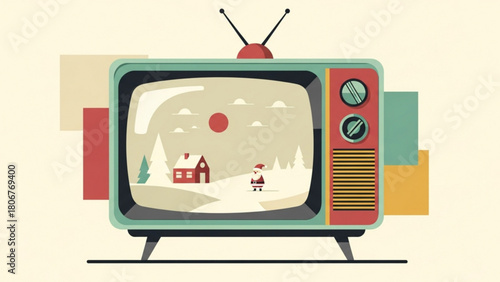 Vintage television displays snowy landscape scene with house and person during winter season, evoking nostalgic and cozy holiday mood.