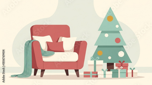 Cozy armchair sits beside decorated christmas tree with wrapped gifts in living room creating a festive and inviting holiday atmosphere.