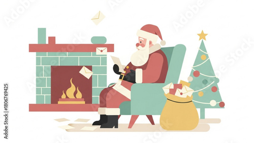 Santa claus reading letters by the fireplace in cozy living room during christmas eve, creating a warm and festive atmosphere.