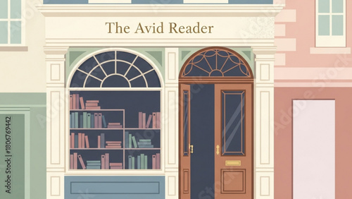 Charming bookstore facade invites readers into a world of literature with its inviting window display and warm, welcoming entrance on a quiet street.