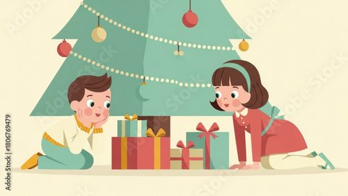 Excited children discover presents under the christmas tree in cozy living room, creating a heartwarming holiday scene filled with anticipation and joy.