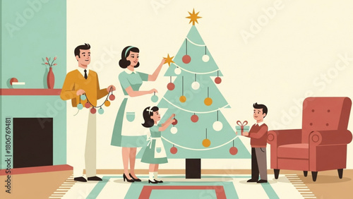 Happy family decorates christmas tree in cozy living room with vintage furniture, celebrating holiday season with joy and togetherness.