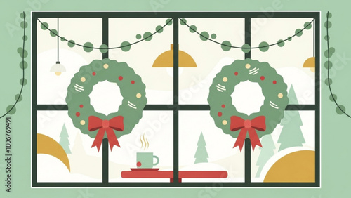 Christmas wreaths hang in window overlooking snowy landscape with steaming cup of tea on sill creating cozy and festive holiday scene.